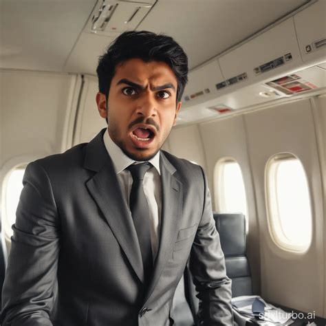 Young Indian Businessman Expressing Anger Inside an Airplane | SDXL Free Online