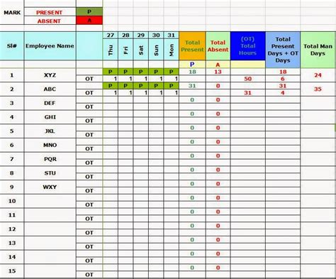 Attendance Register Format For Employees In Excel Free Download ~ Excel ...