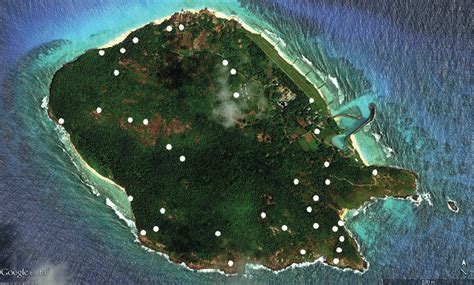 Map of Frégate Island, sampling sites indicated by white dots (adapted... | Download Scientific ...