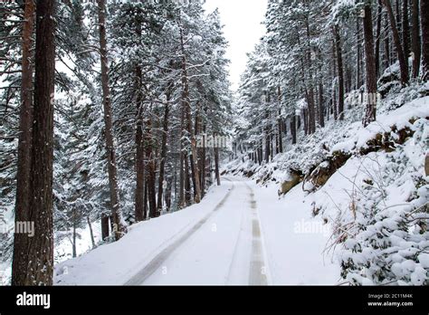 Mountain road in winter with snow Stock Photo - Alamy