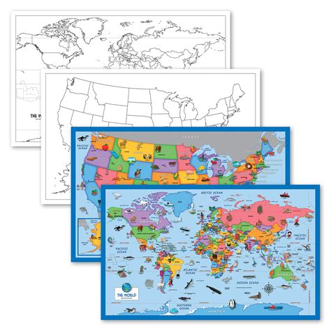 Buy 4 Pack - USA & World Blank Outline s + Illustrated USA & World s for Kids (LAMINATED, 18" x ...