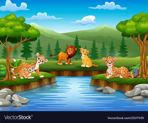 Animals cartoon are enjoying nature by the river Vector Image