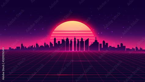 Retro futuristic synthwave retrowave styled night cityscape with sunset on background. Cover or ...