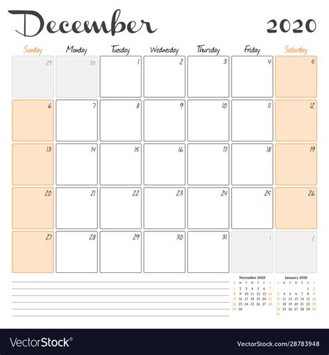 December 2020 monthly calendar planner printable Vector Image