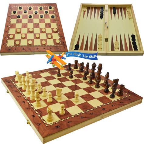 3 in 1 Wooden Board Game Set Compendium Travel Games Chess Backgammon ...