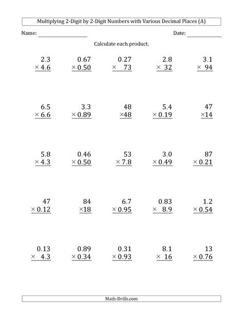 Worksheets Multiplying Decimals