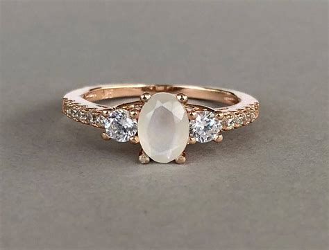 Milky White Moonstone Ring Rose Gold Oval Natural Moonstone Simulated ...