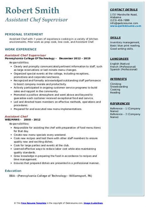 Assistant Chef Resume Samples | QwikResume