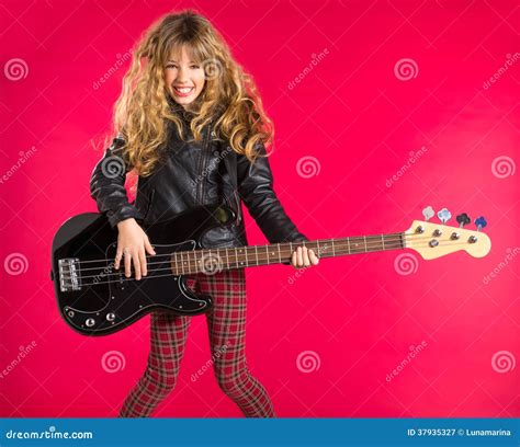 Blond Rock and Roll Girl with Bass Guitar on Red Stock Image - Image of ...