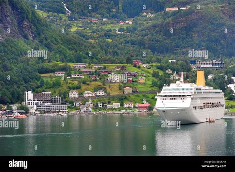 Cruise ship in the port of Geiranger, Geirangerfjord, Norway, Scandinavia, Northern Europe ...