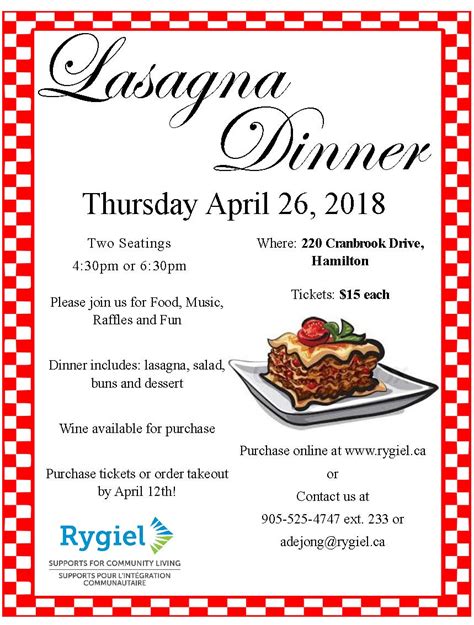 Lasagna Dinner 2018 Flyer | Rygiel Supports for Community Living