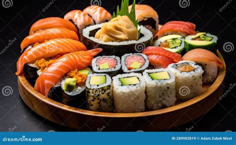 A Plate of Sushi on a Black Background Stock Illustration - Illustration of generated, seaweed ...