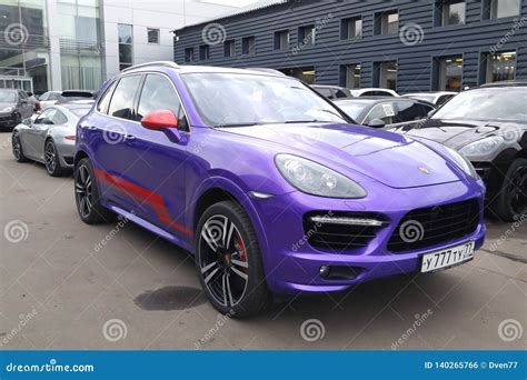 Moscow. Autumn 2018. Blue Purple Striped with Red Porsche Cayenne E2 Stands on Parking Editorial ...