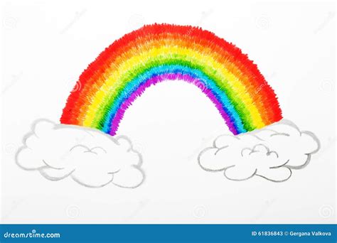 Colorful rainbow and fluffy clouds drawing, childhood conception