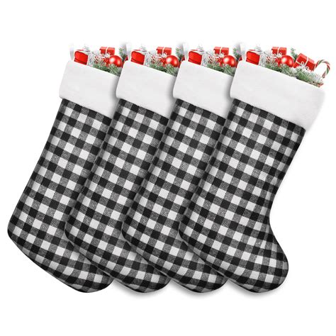 MoNiBloom 4 Pack Christmas Stockings, Classic Black White Plaid ...