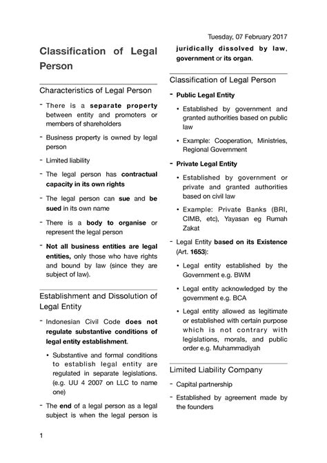 Classification of Legal Person - Tuesday, 07 February 2017 Classification of Legal Person - Studocu