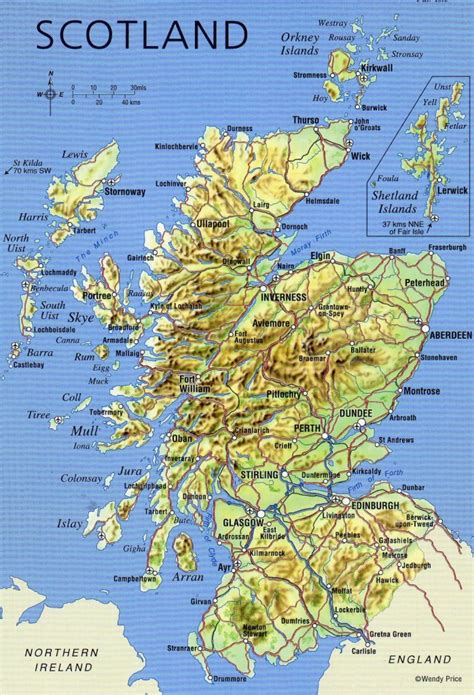 Large Detailed Map Of Scotland With Relief, Roads, Major Cities And ...