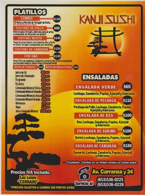 Menu at Kanji Sushi restaurant, San Luis Río Colorado, C. 34 2341