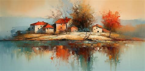 Premium AI Image | A painting of a village by the river