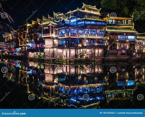 Scenery View in the Night of Fenghuang Old Town Stock Image - Image of ...