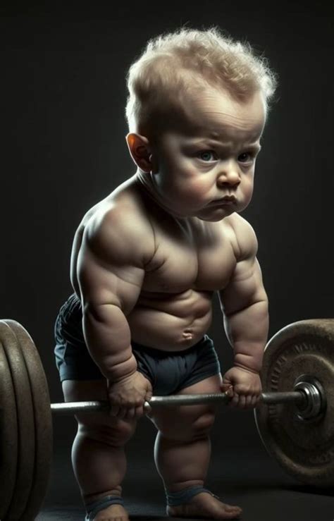 a baby is holding a barbell and looking at the camera