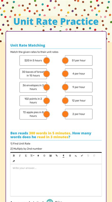 Unit Rate Practice | Interactive Worksheet by BENJAMIN LOVATI | Wizer.me