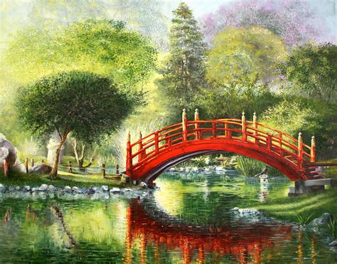 Red Japanese Bridge Painting by Lucas De Feo