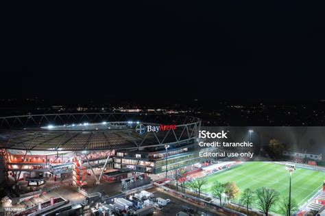 Aerial Night Panorama View Of The Illuminated Bayarena Stadium Before ...