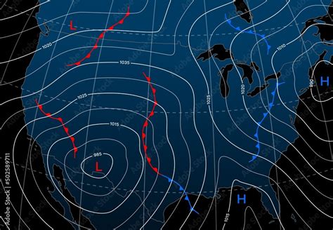 Forecast weather isobar night map of Northern America, meteorology wind fronts vector diagram ...