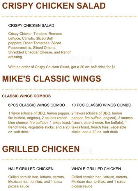 Menu at Mike's Chicken restaurant, Dallas, Maple Ave