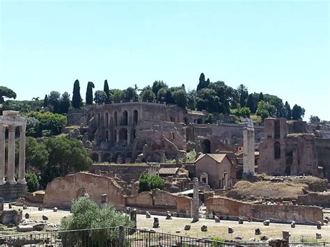 the ruins of an ancient city with trees in the foreground and buildings on the other side