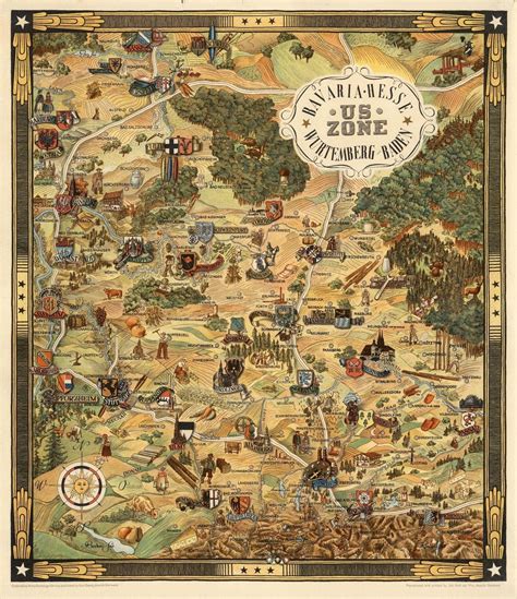 1948 pictorial map Bavaria Hesse Wurtemberg-Baden US zone WW2 POSTER 8147000 - Reproductions