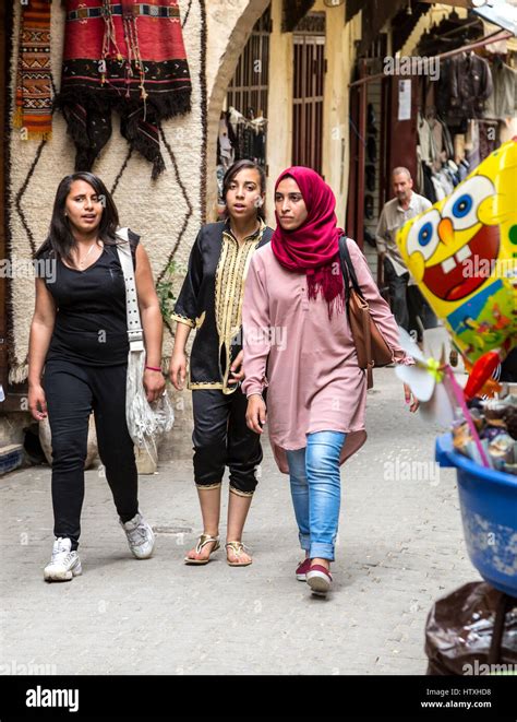 Fes, Morocco. Young Moroccan Women Walking in the Medina, Tala'a ...