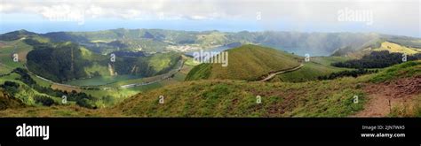 Sete Cidades, panoramic view of the volcanic craters massif from Pico da Cruz, Sao Miguel ...