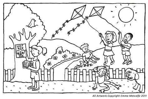 Children play the Kites In the Park Colouring Picture | Coloring ...