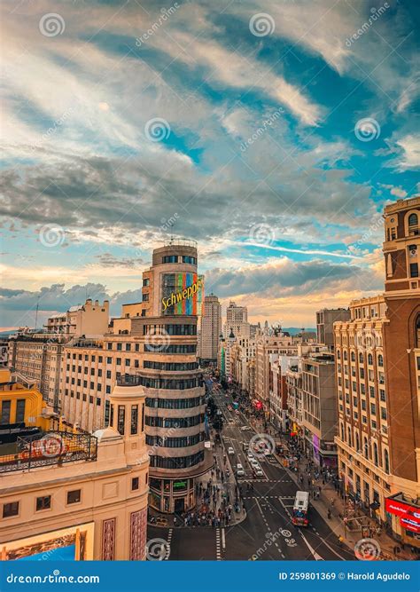 Sunset in the Gran Via in Madrid Editorial Stock Image - Image of town, landmark: 259801369