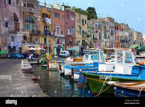 Fishing boats at fishing harbour Marina Grande, Procida island, Gulf of ...