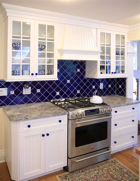 Cobalt blue backsplash kitchen traditional with ceramic tile for backsplash leathered granite ...