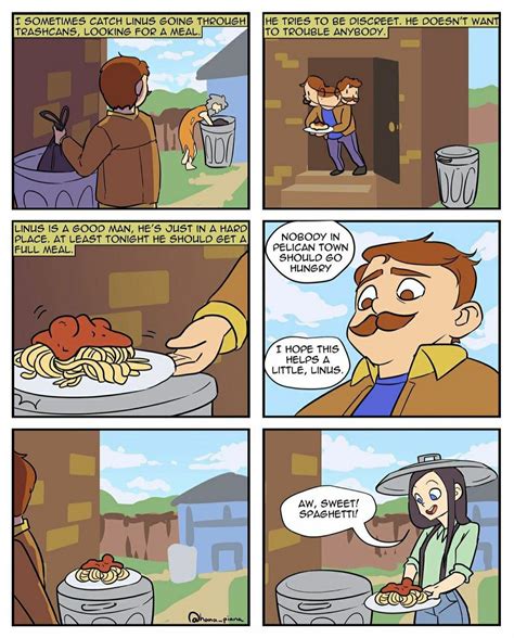 Stardew Valley funny comic art > Gus tries to help out Linus, but a farmer comes along | trash ...