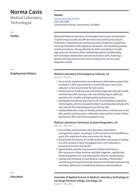 Medical Laboratory Technologist Resume Examples and Templates