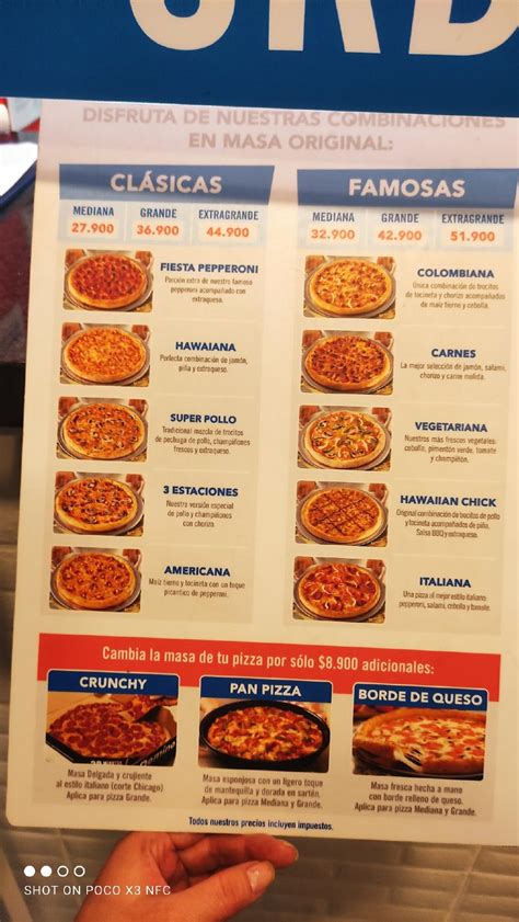 Menu at Domino's Pizza restaurant, Bogotá