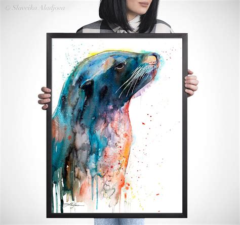 Sea lion watercolor painting print by Slaveika Aladjova, art, animal, illustration, home decor ...