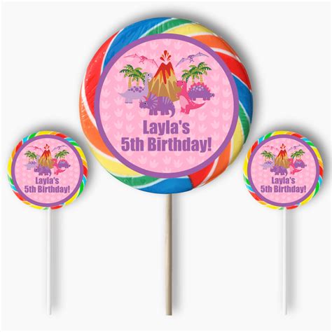 Fun Custom Pink Dinosaur Party Round Favour Stickers - Katie J Design and Events