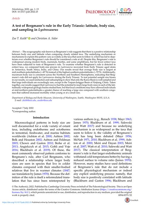 (PDF) A test of Bergmann's rule in the Early Triassic: latitude, body size, and sampling in ...