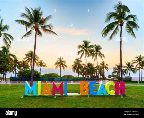 Miami Beach Sign, Sunrise, South Beach, Ocean Drive, Floridas East Coast Miami Florida USA Stock ...