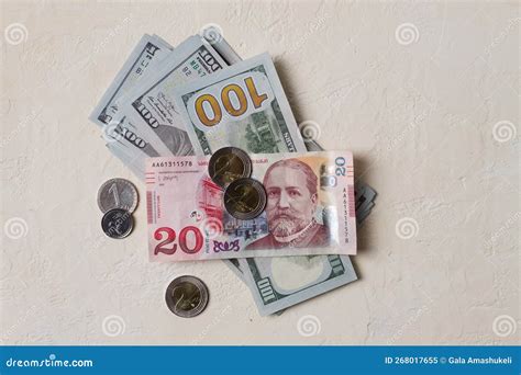 Lari, 20 GEL, Georgian Monetary Currency, with Dollars, Banknotes, Top View, No People, on the ...