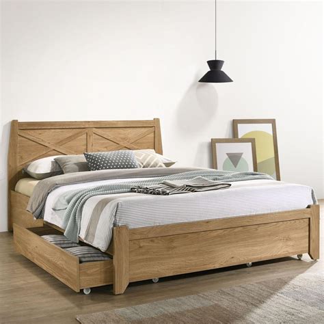 Miles Rustic Natural Light Oak Bed Frame with Storage Drawers ...