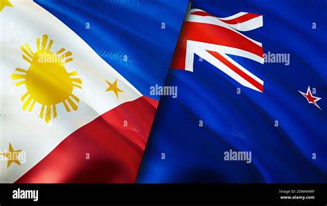 Philippines and New Zealand flags. 3D Waving flag design. Philippines ...