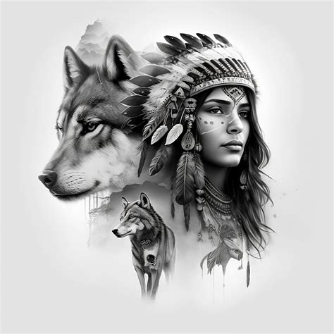 Native American Wolf Tattoo Flash