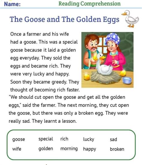 The Goose and the Golden Eggs .Reading comprehensive .reading practice ...